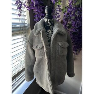 FOREVER 21 WOMENS GRAY TEDDY SHERPA JACKET COZY FLEECE BUTTON UP SIZE S